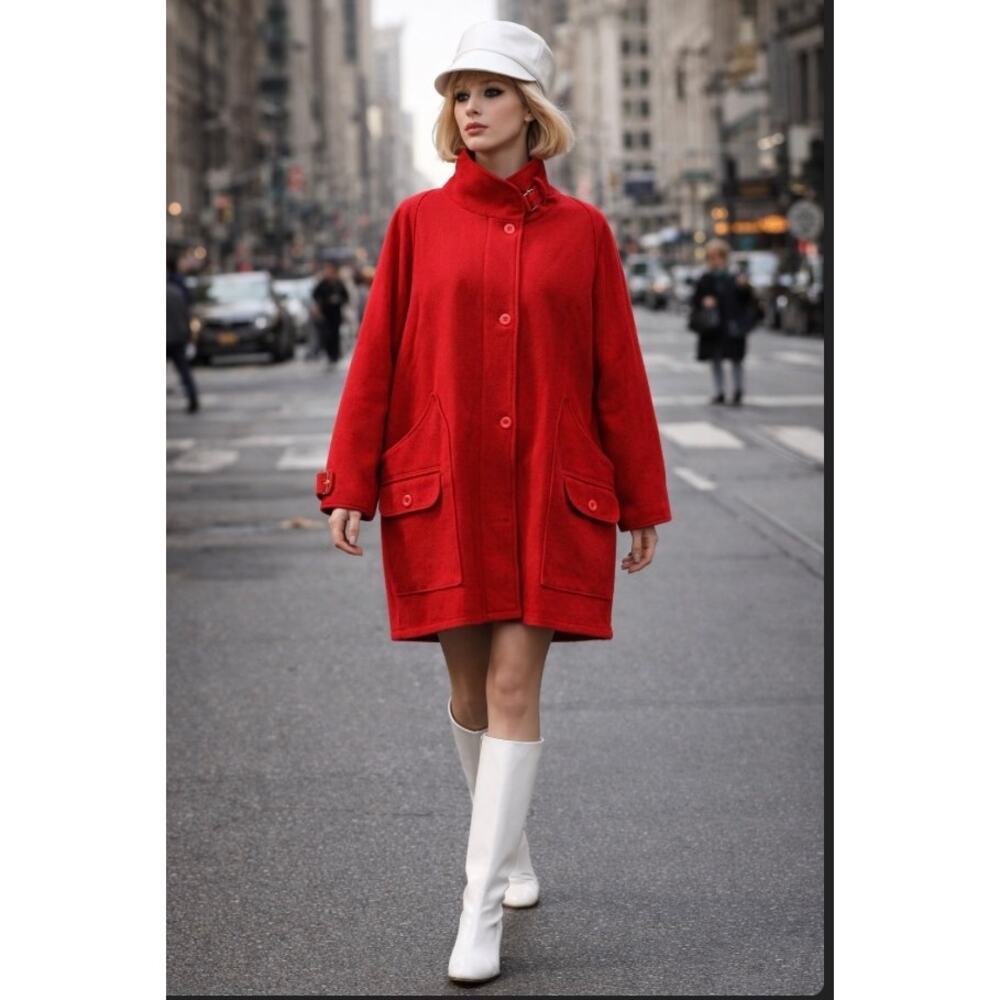 Vintage Woolrich Red Wool Coat Plaid Lined USA XL Oversized Mod Barn